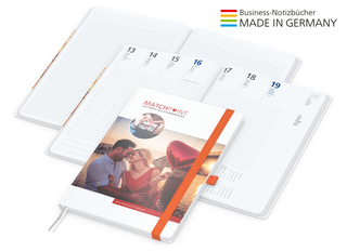 Buchkalender Match-Hybrid White Bestseller A4, Cover-Star gloss, orange