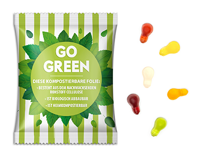 Fruchtgummi Standardformen 10 g Glühbirne weiße kompostierbare Folie