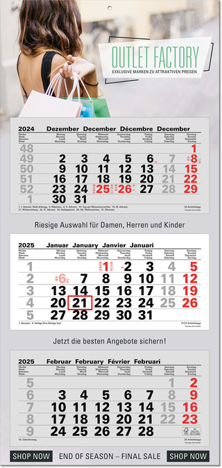 3-Monatsplaner "Junior-3" mit deutsch-mehrsprachigem Kalendarium im Format 33 x 70 cm, grau