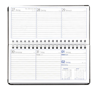 Taschenkalender "Horizontal" im Format 17 x 8 cm, deutsches Kalendarium Grau/Blau, 144 Seiten, Wire-O-Bindung, Eckenperforation, Deckelpaar Slinky rot