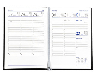Taschenkalender "Taschenbuch Woche" im Format 10,5 x 14,8 cm, deutsches Kalendarium Grau/Blau mit Leseband, 144 Seiten Fadenheftung, Einband Magic hellbraun