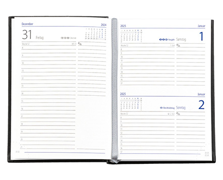 Taschenkalender "Taschenbuch Tag" im Format 10,5 x 14,8 cm, deutsches Kalendarium Grau/Blau mit Leseband, 352 Seiten Fadenheftung, Eckenperforation, Einband Magic rot