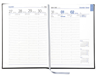 Wochenkalender "Business D" im Format 17,2 x 24 cm, deutsches Kalendarium Grau/Blau mit Leseband, 144 Seiten Fadenheftung, Eckenperforation, Einband Magic hellbraun