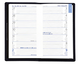 Taschenplaner "Exquisit" im Format 9,5 x 16 cm, Kalendarium 4-sprachig D/F/I/GB Grau/Blau, 64 Seiten gebunden + 16 Seiten ABC-Heft, eingesteckt in Slinky-Hülle dunkelblau