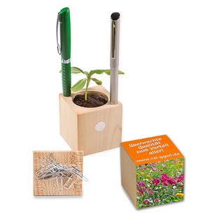 Pflanz-Holz Büro mit Samen - Sommerblumenmischung, 2 Seiten gelasert