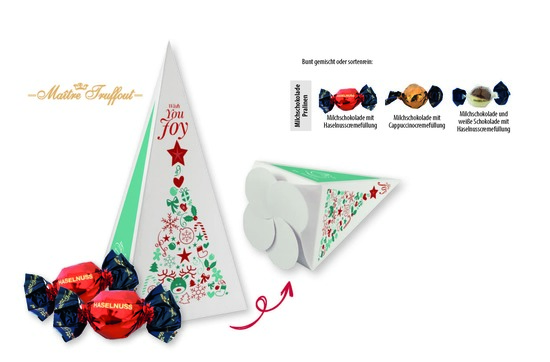 Weihnachtspralinés in Motivkartonage "Tannenbaum", Inhalt: Pralinen Milchschokolade mit Haselnusscremefüllung ca. 120 g