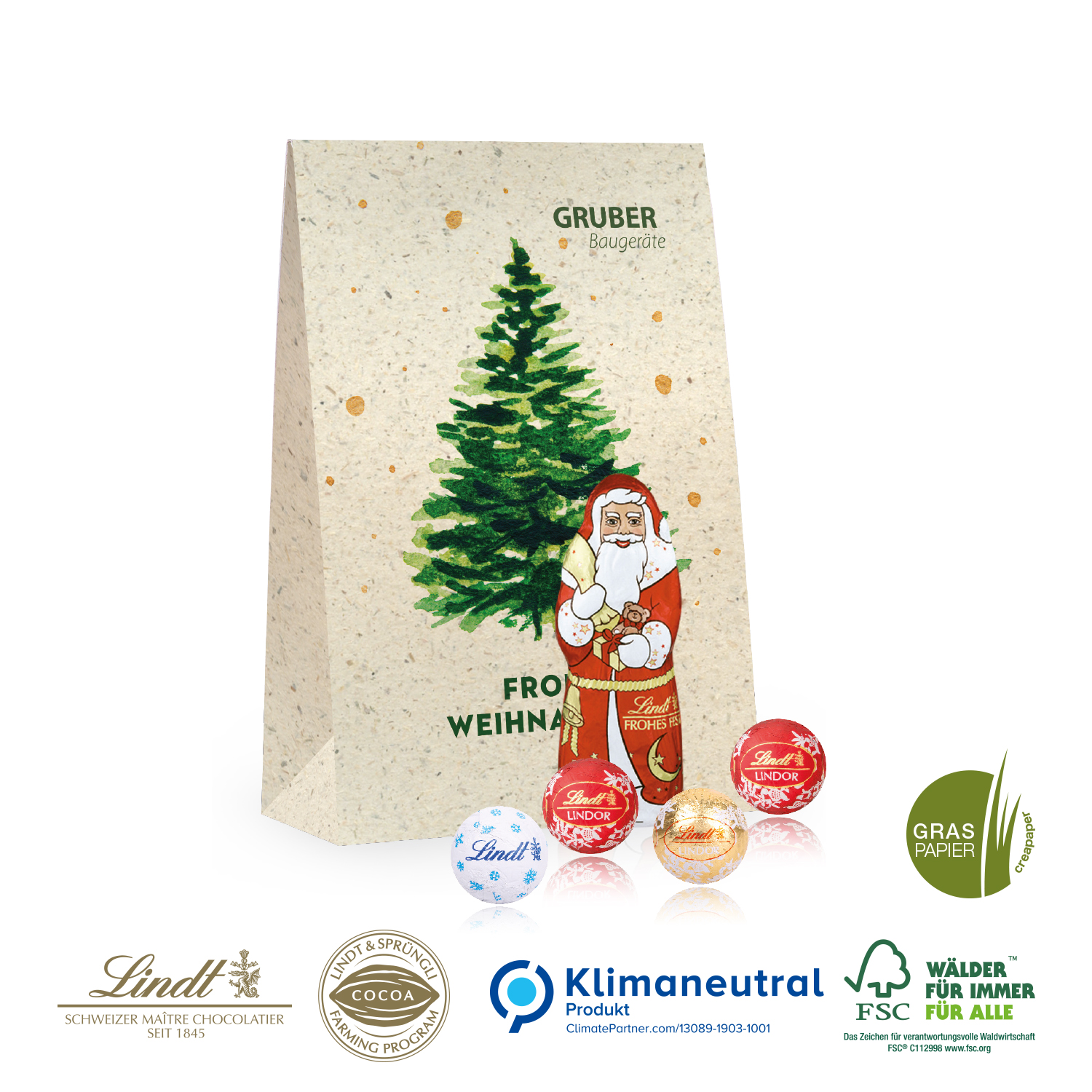 Graspapier Geschenktüte mit Lindt Santa & Lindt Minis